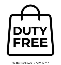 A simple black and white icon of a shopping bag with duty free text, symbolizing tax-free shopping