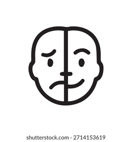 Un simple icono en blanco y negro que muestra una cara con dos expresiones diferentes: alegría en un lado y tristeza en el otro que ilustran la dualidad emocional.