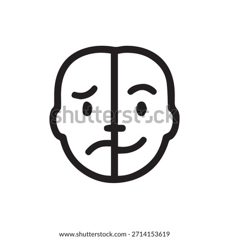 A simple black and white icon showcasing a face with two different expressions joy on one side and sorrow on the other illustrating emotional duality.