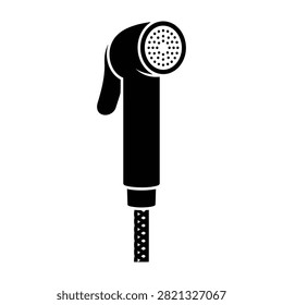 Simple black and white icon of a shower head with hose on a clean white background