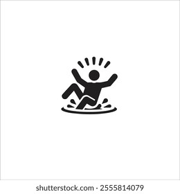 A simple black and white icon showing a person slipping on a wet floor. Ideal for cautionary signs and safety awareness in public spaces.