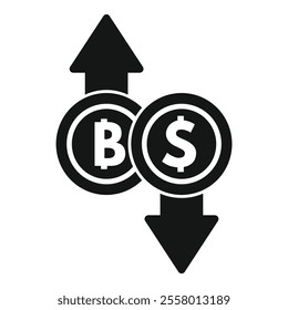 Simple black and white icon showing the exchange rate of bitcoin cryptocurrency increasing while the value of the dollar is decreasing