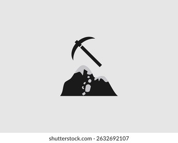 A simple black and white icon showing a pickaxe over a stylized pile of rocks or a small mountain