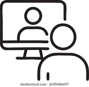 A simple black and white icon showing a person on a computer screen, representing online meetings and virtual communication.