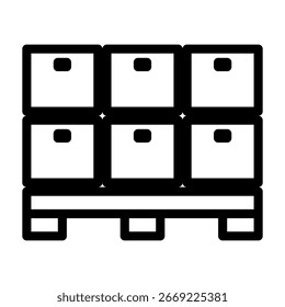 Simple black and white icon showing boxes stacked neatly on a pallet, representing storage or shipping concepts Ideal for design projects and presentations.