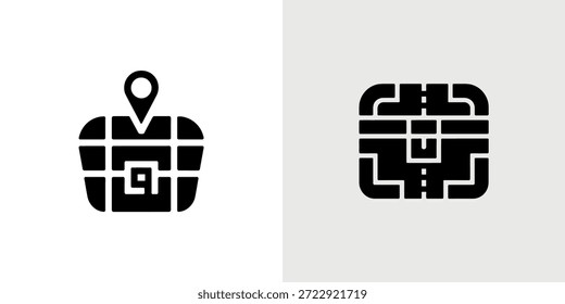 Ícone simples em preto-e-branco mostrando um marcador de mapa integrado em uma estrutura de grade.