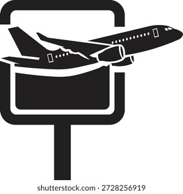 Un simple icono en blanco y negro que muestra un avión despegando de un letrero o valla publicitaria