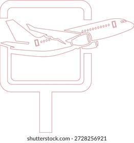 Un simple icono en blanco y negro que muestra un avión despegando de un letrero o valla publicitaria