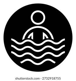 Sencillo ícono en blanco y negro que muestra a una persona sumergida en aguas onduladas, simbolizando la natación, los deportes acuáticos o el Ocio.
