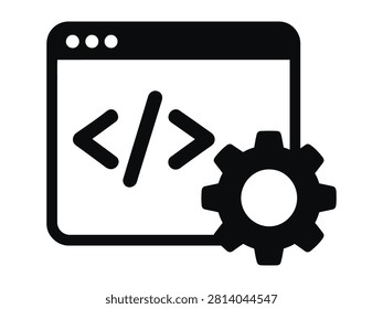 Simple black and white icon showing code snippet with gear symbol