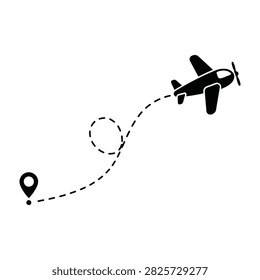 Simple black and white icon showing an airplane silhouette flying along a dotted path towards a location pin. Perfect for travel and logistics concepts.