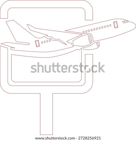 A simple black and white icon showing an airplane taking off from a sign or billboard