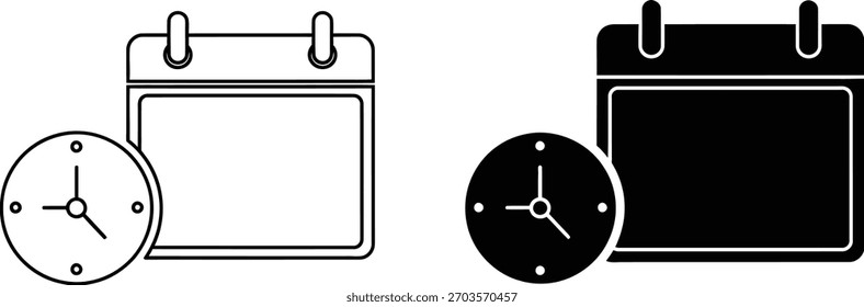 El ícono simple en blanco y negro muestra la administración del tiempo con un ícono de calendario y reloj que sugiere horarios, planificación o fechas límite; el elemento de Vector tiene un fondo transparente.