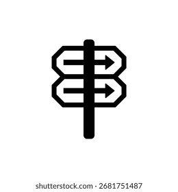 Um ícone simples em preto e branco de um poste de sinalização com dois braços, cada um exibindo setas apontando em direções opostas.