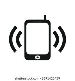 Simples ícone preto e branco de um smartphone com ondas radiantes indicando uma chamada ou notificação.