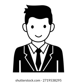 Simple black and white icon of a smiling businessman in a suit