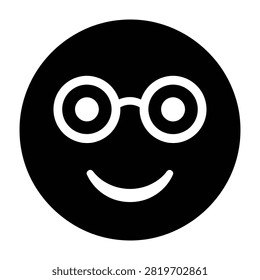 A simple black and white icon of a smiling face wearing circular glasses. This minimalist symbol represents intelligence, geek culture, education, and positivity.
