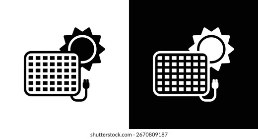 Simple black and white icon of a solar panel, sun, and plug. Perfect for renewable energy concepts.