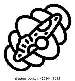 Simple black and white icon of a spacecraft flying through space with planets orbiting in the background