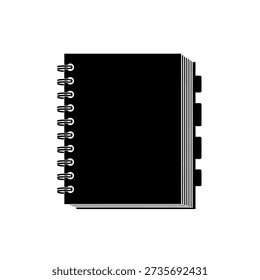 A simple black and white icon of a spiral-bound notebook with index tabs visible on the side, representing organization and note-taking.