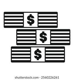 Simple black and white icon of a stack of money bills representing finance, savings, wealth, and profit