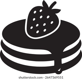 Simples ícone preto e branco de panquecas empilhadas com um morango e xarope