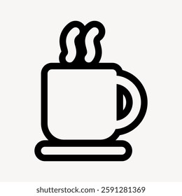 Simple black and white icon of a steaming coffee cup on a saucer. Minimalist coffee cup design with steam. Perfect for coffee-related themes. User interface icon vector.