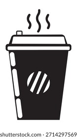 A simple black and white icon of a steaming hot coffee cup, perfect for representing beverages and cafes.