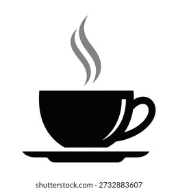 Um simples ícone preto e branco de uma xícara de café quente fumegante em um pires
