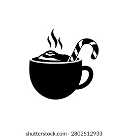 A simple black and white icon of a steaming mug of hot chocolate topped with whipped cream and a candy cane.