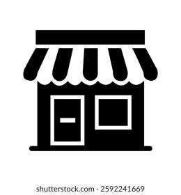 Simple black and white icon of a storefront with an awning and two windows, ideal for business, retail, and e-commerce graphics.