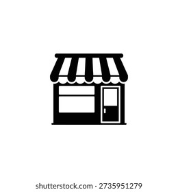 Simple black and white icon of a storefront with an awning