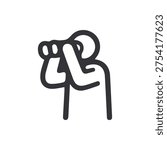 A simple black and white icon of a stylized person looking through binoculars. Represents searching, observation, exploration, and discovery.