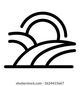 Simple black and white icon of a sunny day over rolling hills