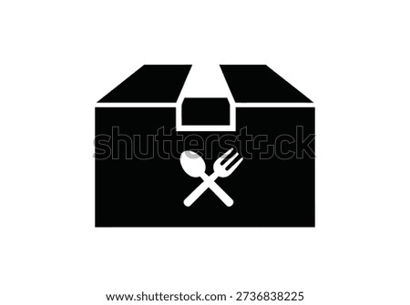 A simple black and white icon of a takeout box with a spoon and fork crossed on the front, representing food delivery or takeout service