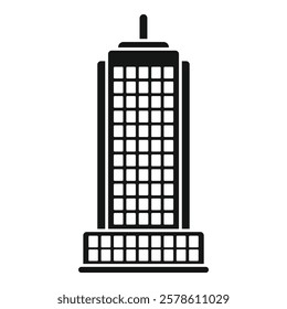 Simple black and white icon of a tall building with an antenna, perfect for representing a city or business