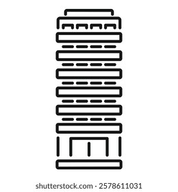 Simple black and white icon of a tall building with many floors, representing modern urban architecture