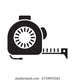 Simple black and white icon of a tape measure tool for measuring