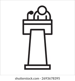 Un simple ícono blanco y negro con líneas gruesas representa a un orador de pie en un podio, sosteniendo un micrófono, listo para dar un discurso o presentación, representando conferencias y eventos públicos. 