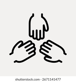 Simple black and white icon of three hands in a circle, symbolizing teamwork, unity, and collaboration. Minimalist design with hands forming a triangle shape. Black icon illustration vector.