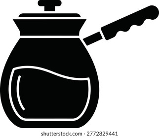 Simple black and white icon of a traditional turkish coffee pot known as a cezve or ibrik with handle