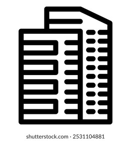 Simple black and white icon of two buildings with multiple windows