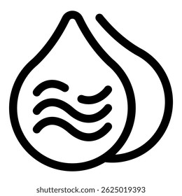 Simple black and white icon of two overlapping water drops with wavy lines inside