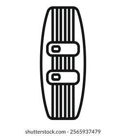 Simple black and white icon of a wakeboard with foot bindings for performing tricks on water