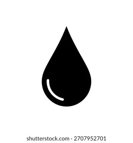 A simple black and white icon of a water drop with a small reflection on the side.