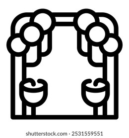 Simple black and white icon of a wedding arch decorated with balloons and flowers