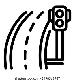 Icono blanco y negro simple de una carretera sinuosa que conduce a un semáforo, que representa conceptos de viaje, infraestructura y planificación urbana