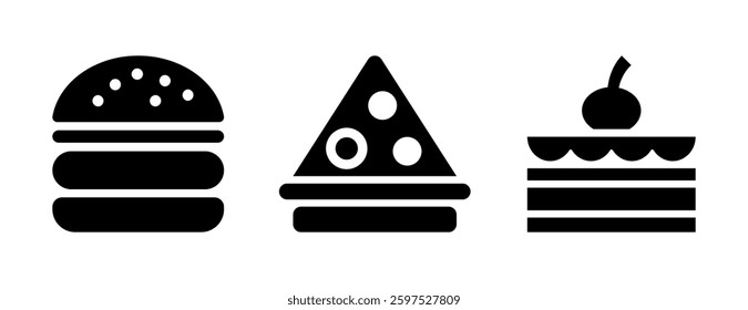 Simple black and white icons of a burger, pizza slice, and layered cake