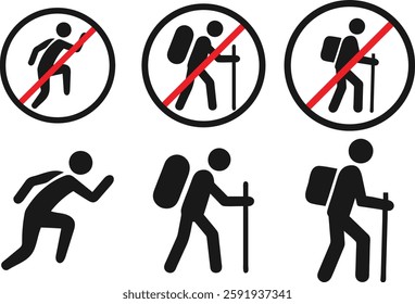 Simple black and white icons depicting hiking restrictions.