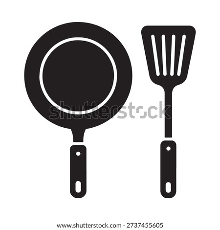Simple black and white icons depicting a frying pan and spatula